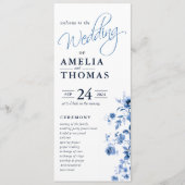 Elegante Script French Blue Floral Toile Hochzeit Programm (Vorderseite)