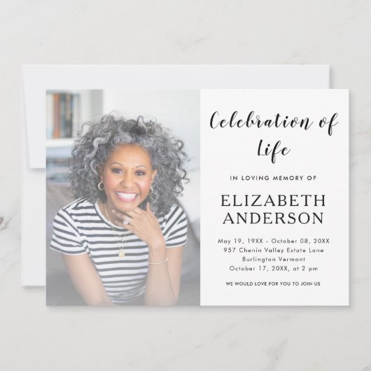 Elegante Script Funeral Foto Feier des Lebens Einladung (Vorderseite)