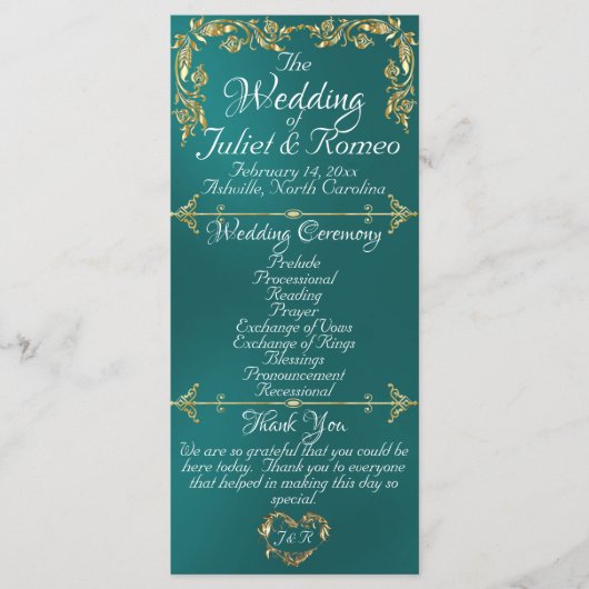 Elegante Script & Gold Blätter - Aquamarine Hochze Programm (Vorderseite)