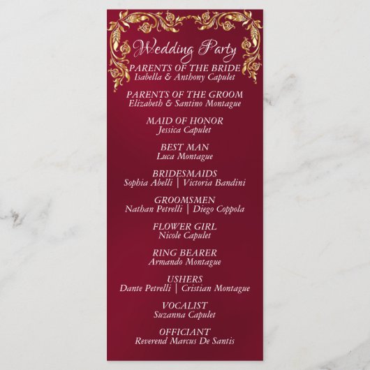 Elegante Script & Gold Blätter - Burgundy Wedding Programm (Rückseite)
