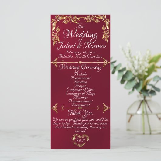 Elegante Script & Gold Blätter - Burgundy Wedding Programm (Stehend Vorderseite)