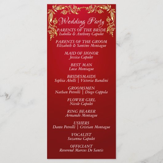 Elegante Script & Gold Blätter - Crimson Wedding Programm (Rückseite)