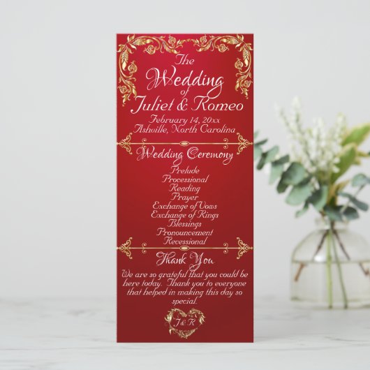 Elegante Script & Gold Blätter - Crimson Wedding Programm (Stehend Vorderseite)