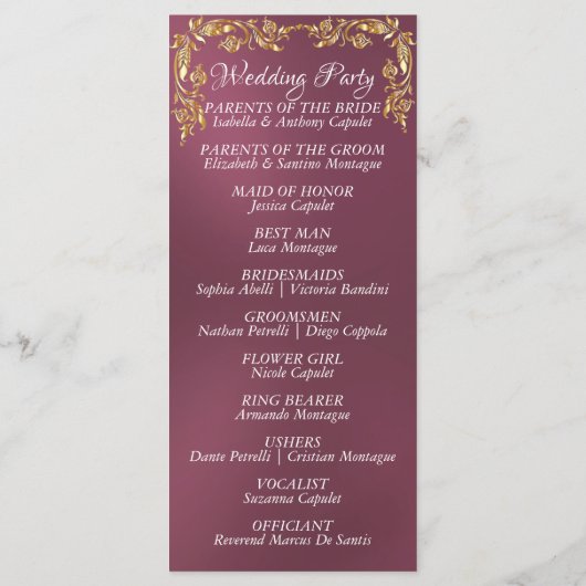 Elegante Script & Gold Blätter - Lavendelhochzeit Programm (Rückseite)