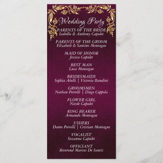 Elegante Script & Gold Blätter - Lila Hochzeit Programm (Rückseite)