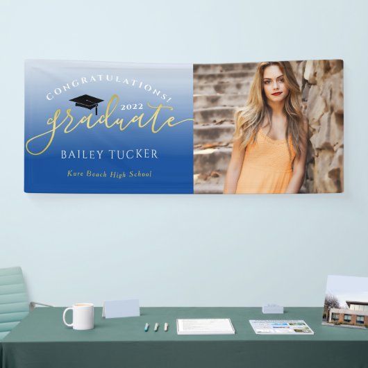 Elegante Script Gold Blue Abschluss Ankündigung Banner (Messe)