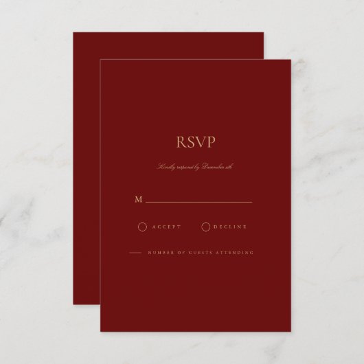 Elegante Script Gold & Deep Red RSVP Card (Vorne/Hinten)