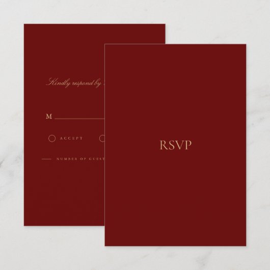 Elegante Script Gold & Deep Red RSVP Card (Vorne/Hinten)