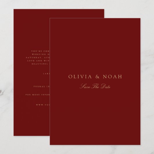 Elegante Script Gold & Deep Red Save the Date Card Ankündigung (Vorne/Hinten)