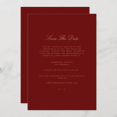 Elegante Script Gold & Deep Red Save the Date Card Ankündigung (Vorne/Hinten)