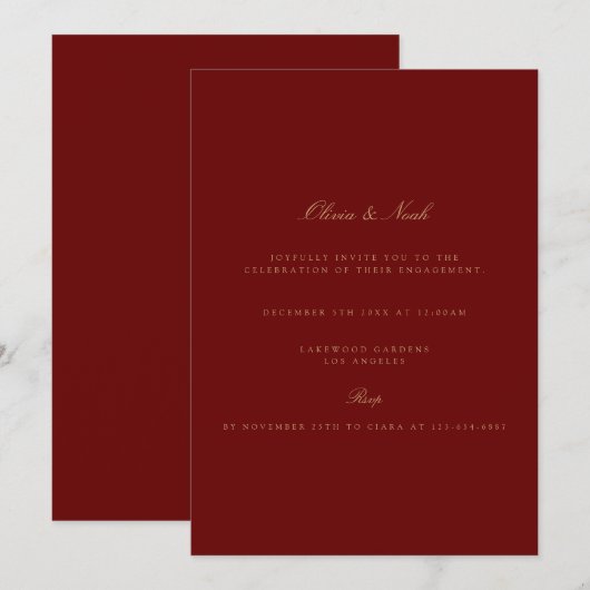 Elegante Script Gold Deep Red Verlobung Einladung (Vorne/Hinten)