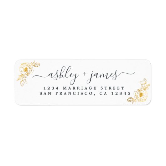 Elegante Script Gold Floral Wedding Rücksendeadres (Vorne)