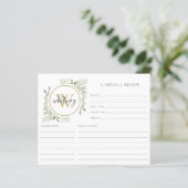Elegante Script Gold Monogram Greenery Rezept Card (Stehend Vorderseite)