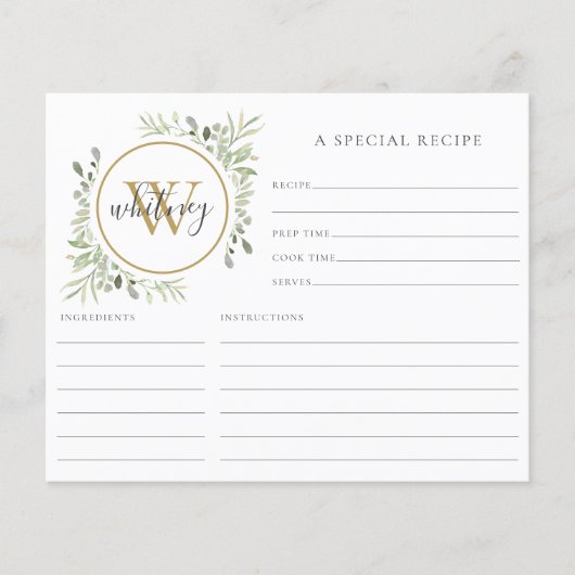 Elegante Script Gold Monogram Greenery Rezept Card (Vorderseite)