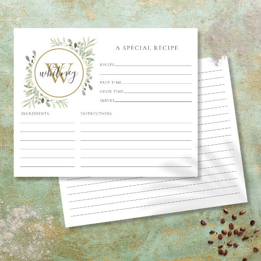 Elegante Script Gold Monogram Greenery Rezept Card