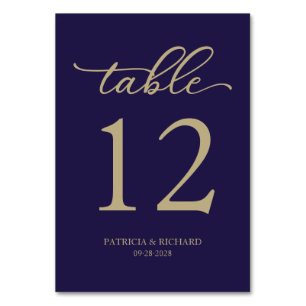 Elegante Script Gold Navy Blue Wedding Tischnummer