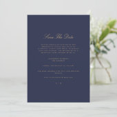 Elegante Script Gold & Navy Save the Date Card Ankündigung (Stehend Vorderseite)