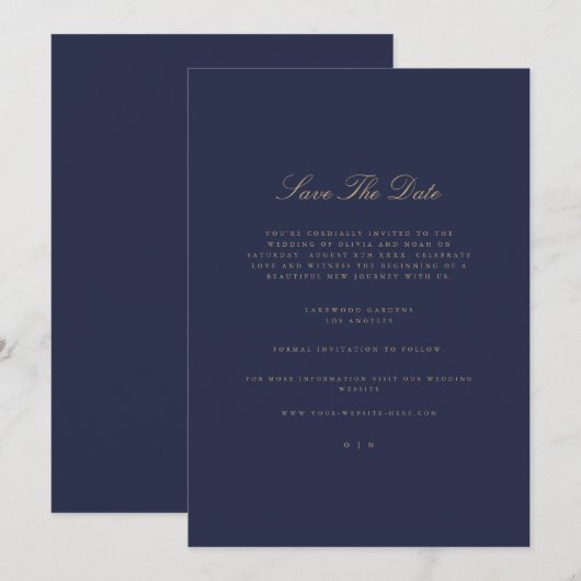 Elegante Script Gold & Navy Save the Date Card Ankündigung (Vorne/Hinten)