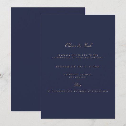 Elegante Script Gold & Navy Verlobung Einladung (Vorne/Hinten)