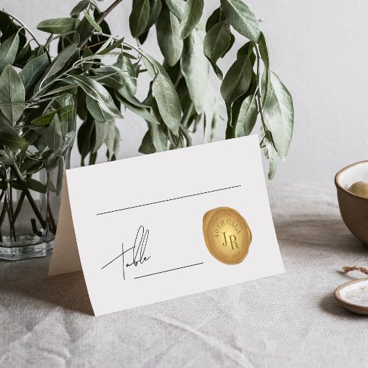 Elegante Script Gold Wax Briefmarke Event Tischnum Platzkarte