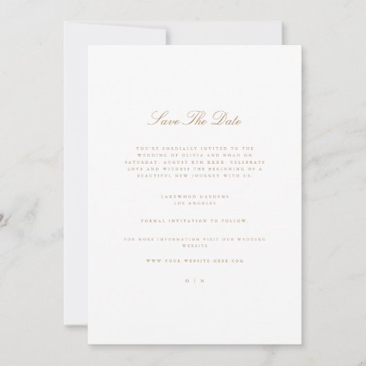 Elegante Script Gold & White Save the Date Card Ankündigung (Vorderseite)