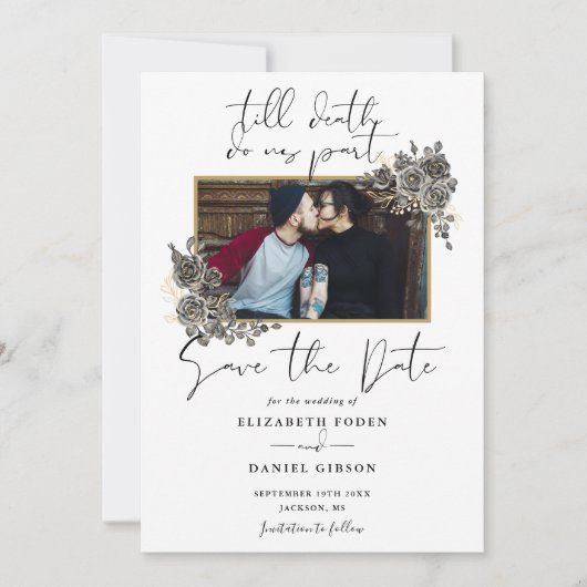 Elegante Script Gothic Florale Foto Hochzeit Save The Date (Vorderseite)