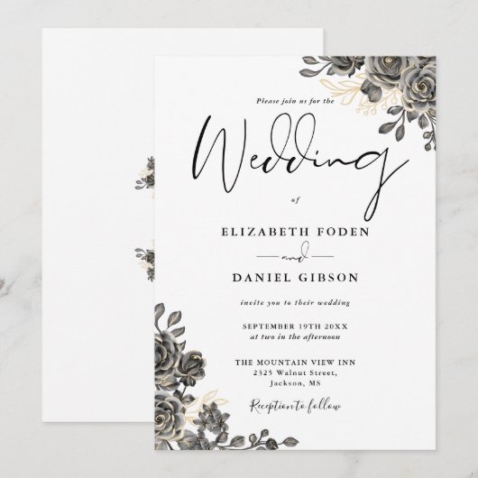 Elegante Script Gothic Rose Blumenhochzeit Einladung (Vorne/Hinten)