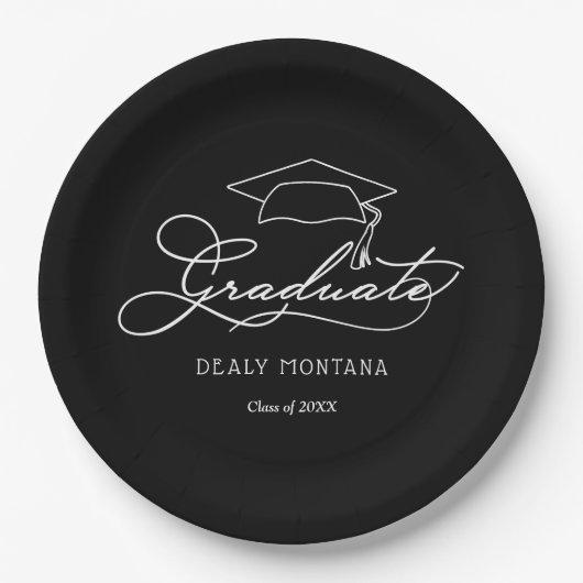 Elegante Script Grad Cap Black Abschluss Teller (Vorderseite)