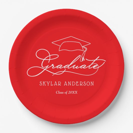 Elegante Script Graduate Hat Red Abschluss Teller (Vorderseite)