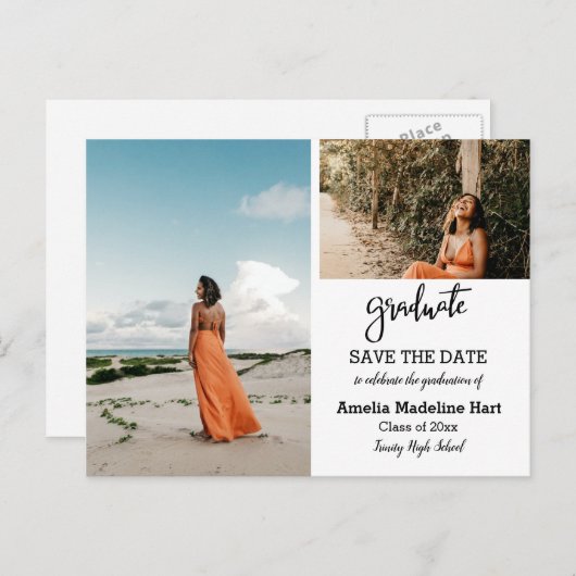 Elegante Script Graduation Party | Save The Date Ankündigungspostkarte (Vorne/Hinten)