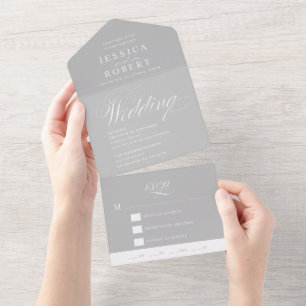 Elegante Script Gray and White Calligraphy Wedding All In One Einladung