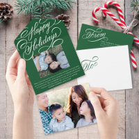 Elegante Script Green Happy Holiday Foto Card