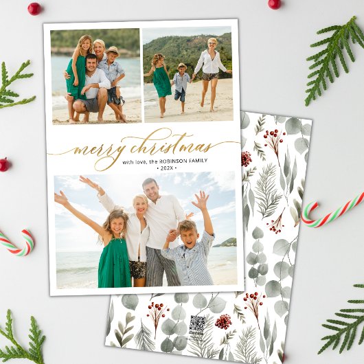 Elegante Script Greenery 3 Multi-Foto Weihnachten