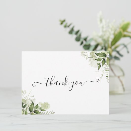 Elegante Script Greenery-Blätter Dankeskarte (Stehend Vorderseite)
