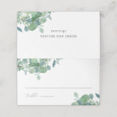 Elegante Script Greenery Blätter Eucalyptus Weddin Platzkarte (Außenseite Aufgefaltet)
