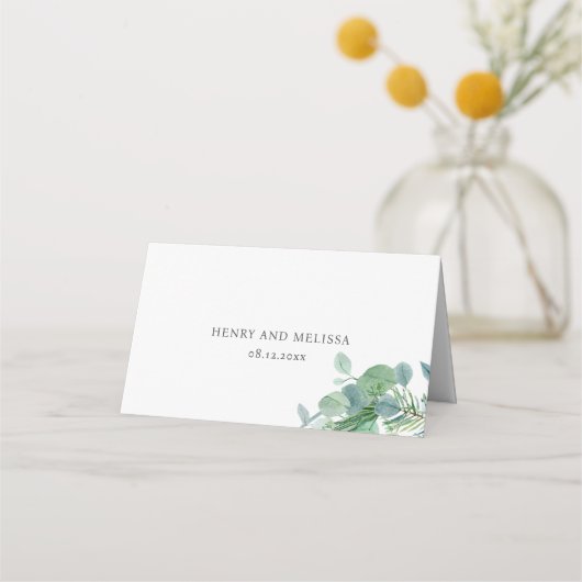 Elegante Script Greenery Blätter Eucalyptus Weddin Platzkarte (Rückseite)