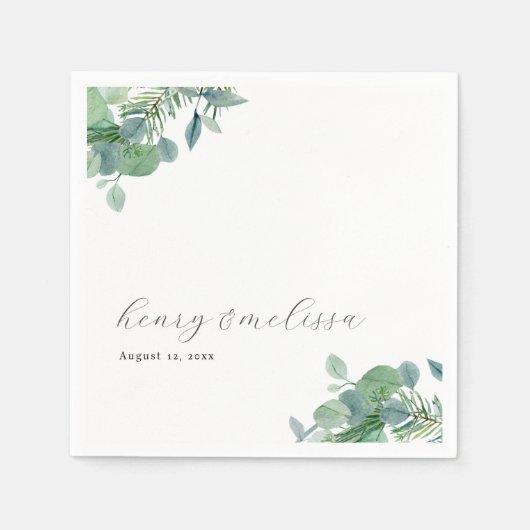 Elegante Script Greenery Blätter Eucalyptus Weddin Serviette (Vorderseite)