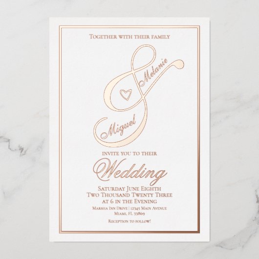 Elegante Script Heart Ampersand Hochzeit gepresst Folieneinladung (Vorderseite)