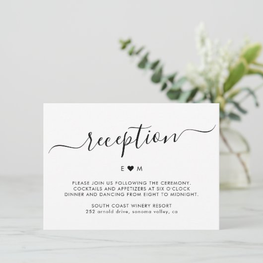 Elegante Script Heart Monogram Wedding Reception Begleitkarte (Stehend Vorderseite)