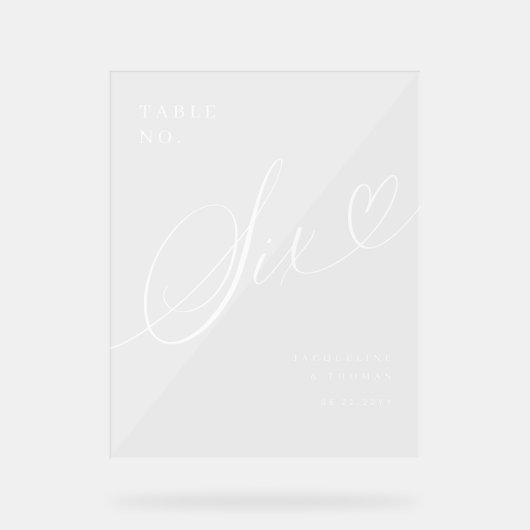 Elegante Script Heart Wedding Tischnummer 6 Acrylschild (Vorderseite)