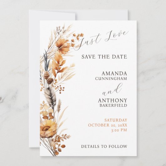 Elegante Script Herbst-Blume Hochzeit Save The Date (Vorderseite)