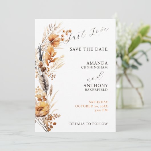 Elegante Script Herbst-Blume Hochzeit Save The Date (Stehend Vorderseite)