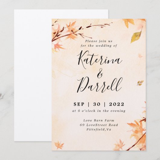 Elegante Script Herbsthochzeit Einladung (Vorne/Hinten)
