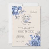 Elegante Script-Hochzeit Dusty Blue Rustikal Flora Einladung (Vorderseite)