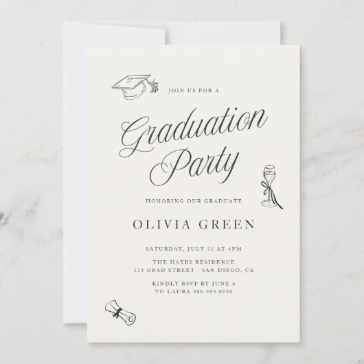 Elegante Script Illustriert Graduation Party Einladung (Vorderseite)