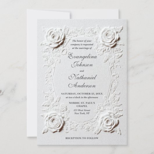 Elegante Script-Imitate Embossed Rose Formal Weddi Einladung (Vorderseite)