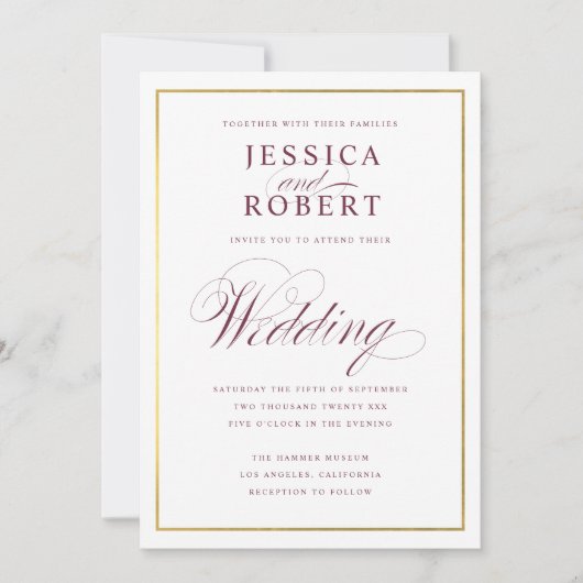 Elegante Script-Imitate Gold Burgundy Wedding Einladung (Vorderseite)