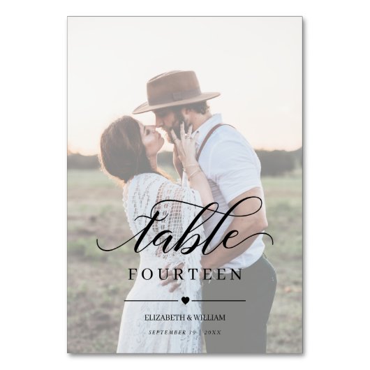 Elegante Script-Imitate Vellum Effect Foto Hochzei Tischnummer (Rückseite)