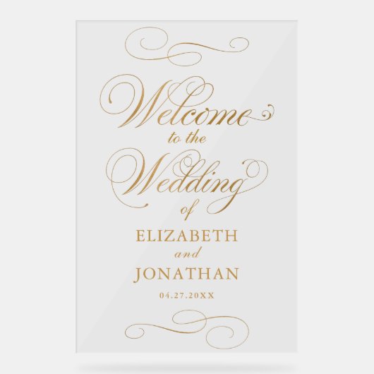 Elegante Script-Imitats Gold Wedding Willkommen Acrylschild (Vorderseite)