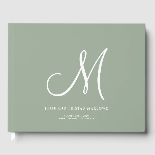 Elegante Script Initial Wedding Monogram Sage Gree Gästebuch (Vorderseite)